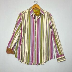 Robert Graham Flip Cuff Purple Striped Button Shirt Long Sleeve Lurex Silk Sz L